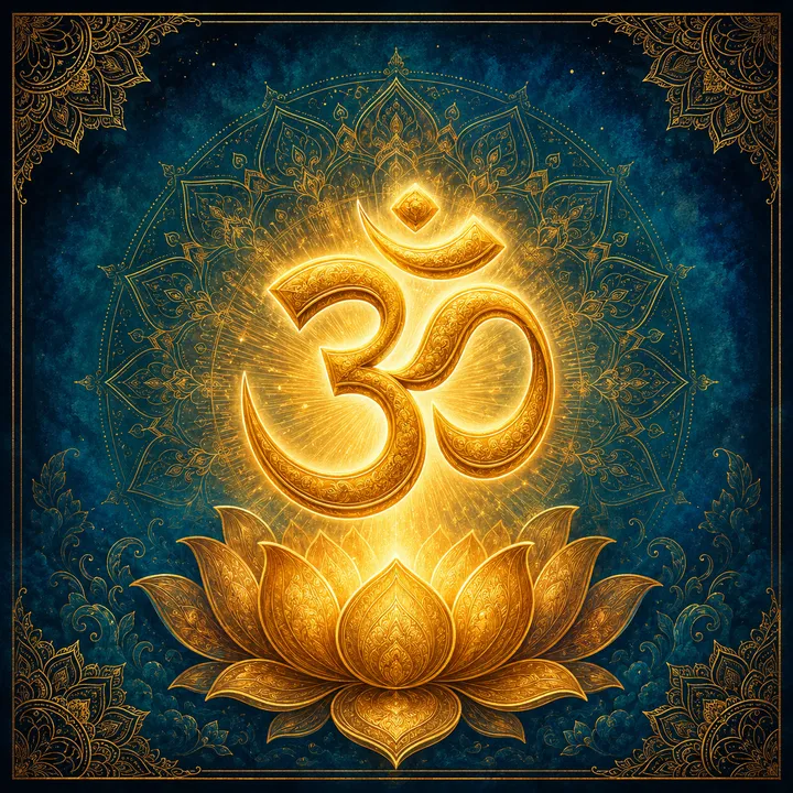 The Om symbol (ॐ) rendered in gold, glowing above a lotus against a deep blue mandala background