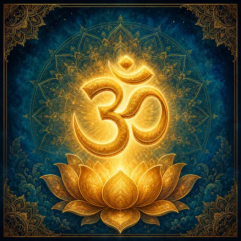 The Om symbol (ॐ) rendered in gold, glowing above a lotus against a deep blue mandala background