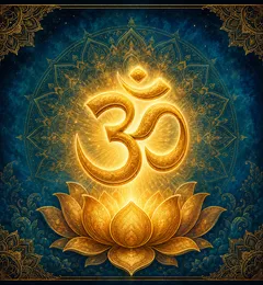 The Om symbol (ॐ) rendered in gold, glowing above a lotus against a deep blue mandala background