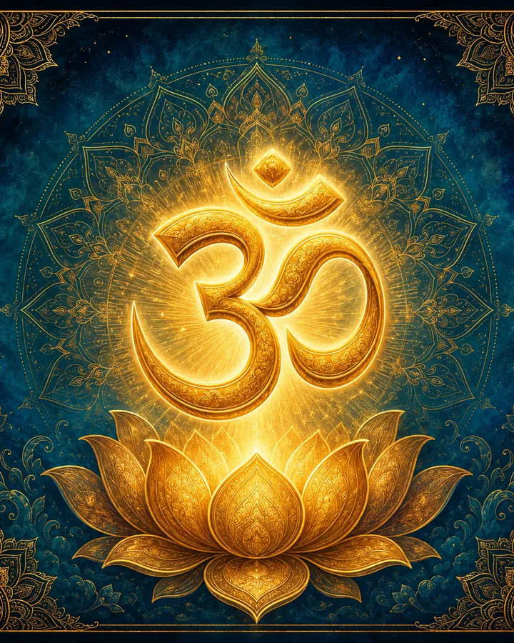 The Om symbol (ॐ) rendered in gold, glowing above a lotus against a deep blue mandala background