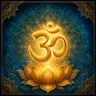 The Om symbol (ॐ) rendered in gold, glowing above a lotus against a deep blue mandala background