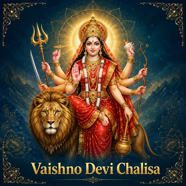 Devotional illustration accompanying Vaishno Devi Chalisa, framed by a gold mandala halo and ornamental corner border on a deep blue background