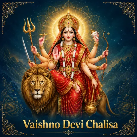 Devotional illustration accompanying Vaishno Devi Chalisa, framed by a gold mandala halo and ornamental corner border on a deep blue background