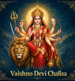 Devotional illustration accompanying Vaishno Devi Chalisa, framed by a gold mandala halo and ornamental corner border on a deep blue background