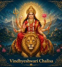 Devotional illustration accompanying Vindhyeshwari Chalisa, framed by a gold mandala halo and ornamental corner border on a deep blue background