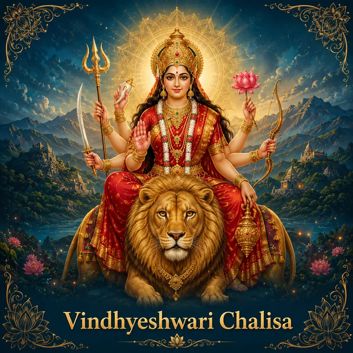 Devotional illustration accompanying Vindhyeshwari Chalisa, framed by a gold mandala halo and ornamental corner border on a deep blue background