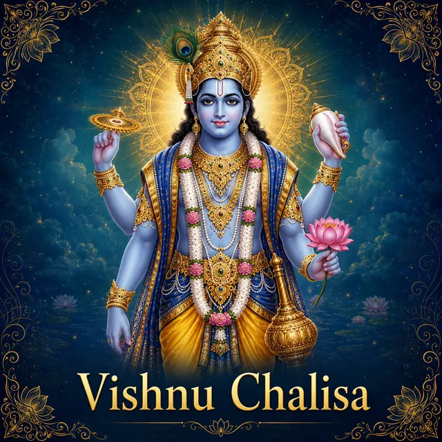 Devotional illustration accompanying Vishnu Chalisa, framed by a gold mandala halo and ornamental corner border on a deep blue background