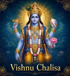 Devotional illustration accompanying Vishnu Chalisa, framed by a gold mandala halo and ornamental corner border on a deep blue background