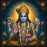 Traditional devotional depiction of Vishnu, four-armed, holding the conch and discus
