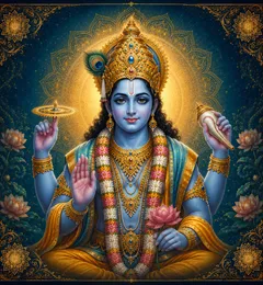 Traditional devotional depiction of Vishnu, four-armed, holding the conch and discus