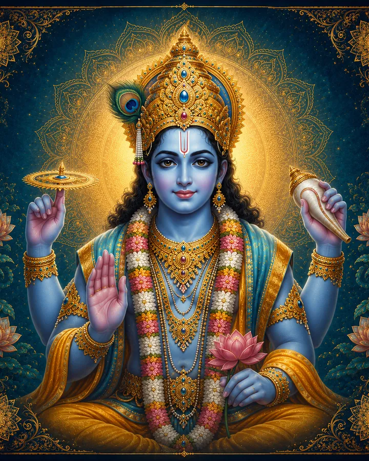 Traditional devotional depiction of Vishnu, four-armed, holding the conch and discus