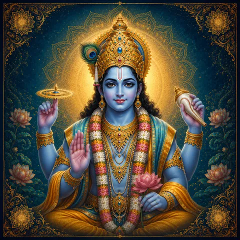 Traditional devotional depiction of Vishnu, four-armed, holding the conch and discus