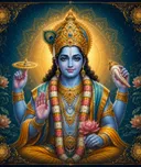 Traditional devotional depiction of Vishnu, four-armed, holding the conch and discus