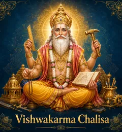 Devotional illustration accompanying Vishwakarma Chalisa, framed by a gold mandala halo and ornamental corner border on a deep blue background