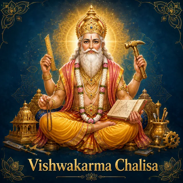 Devotional illustration accompanying Vishwakarma Chalisa, framed by a gold mandala halo and ornamental corner border on a deep blue background