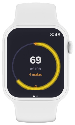 Jaap Daily on Apple Watch — bead ring showing 69 of 108, 4 malas