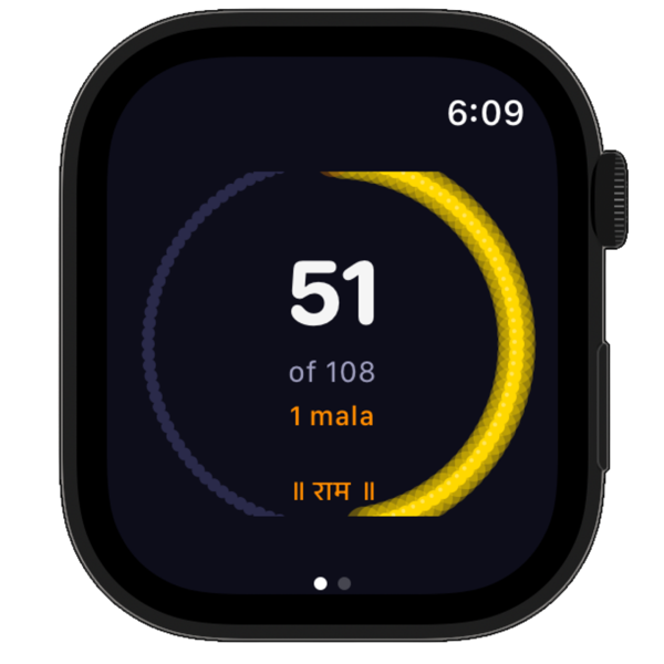 Jaap Daily on Apple Watch — showing 51 of 108, Ram naam, 1 mala