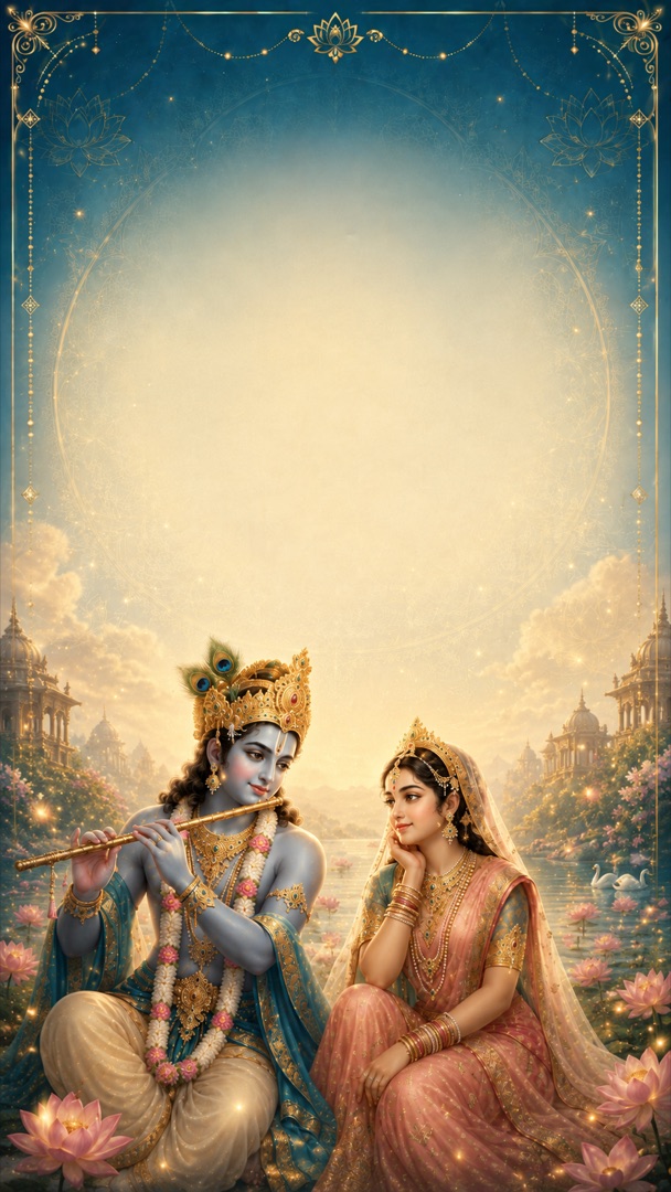 Radha Krishna devotional wallpaper — radiant divine couple in golden Vrindavan setting